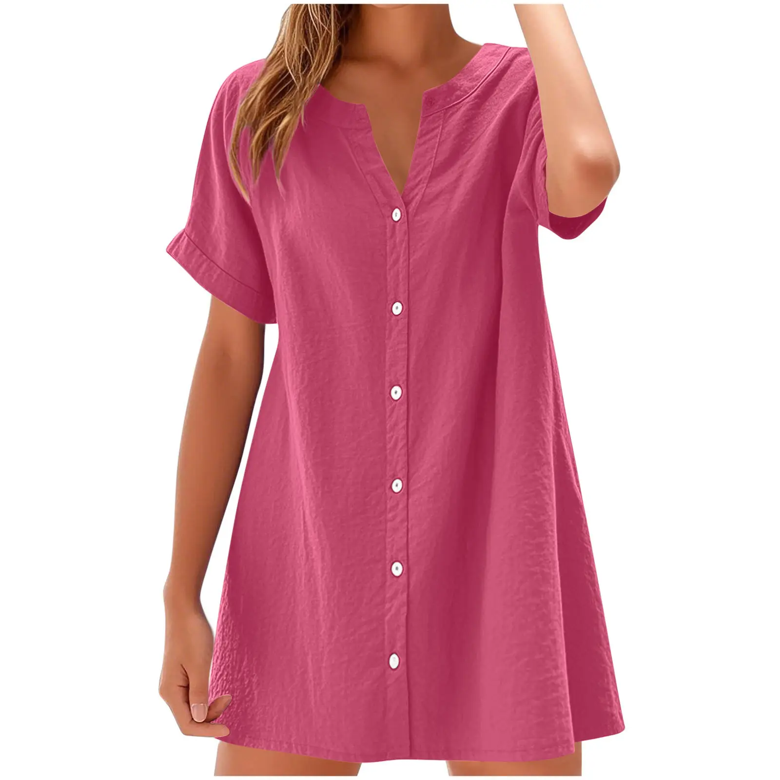Women Cotton Linen V Neck Button Dress Blue - Image 3