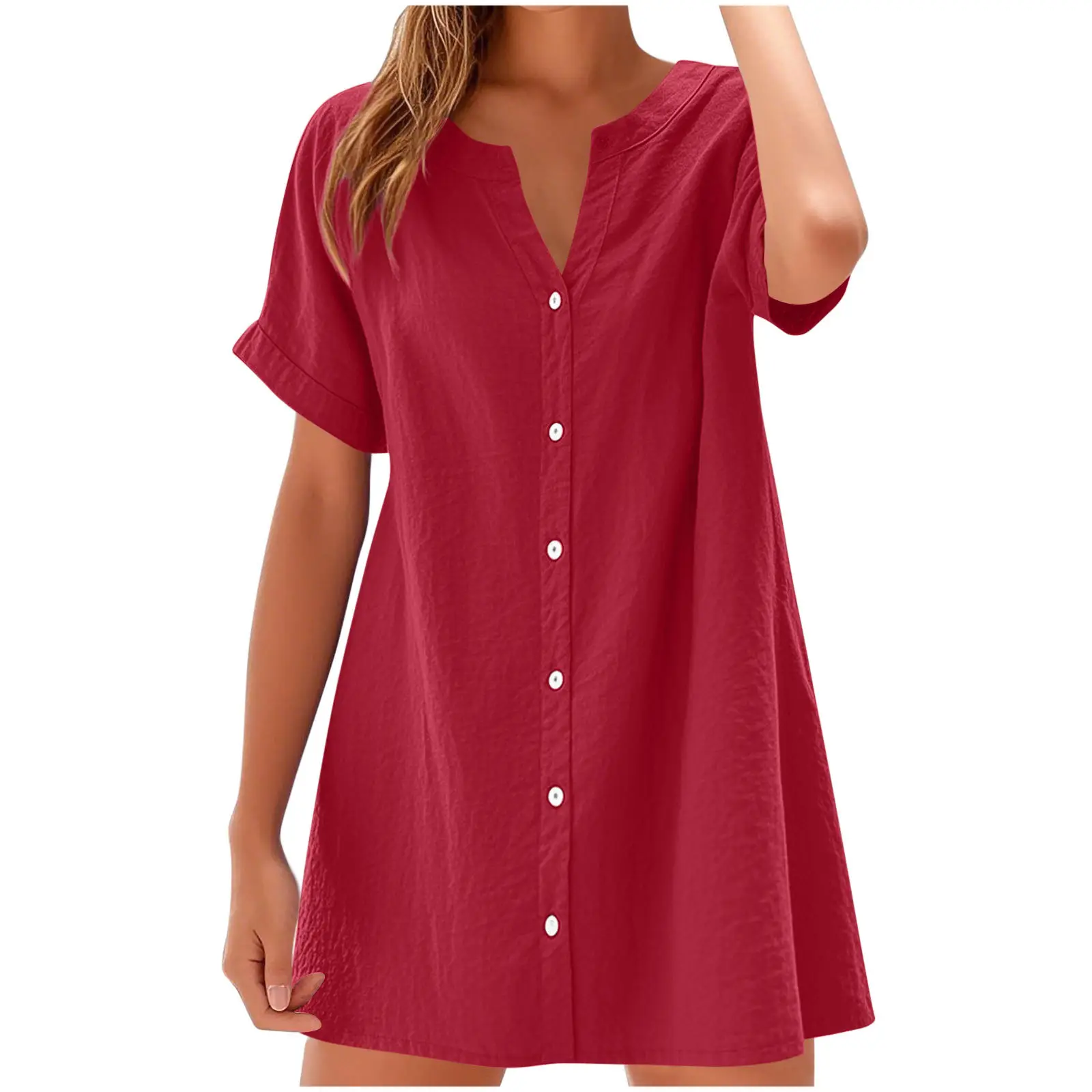 Women Cotton Linen V Neck Button Dress Blue - Image 4