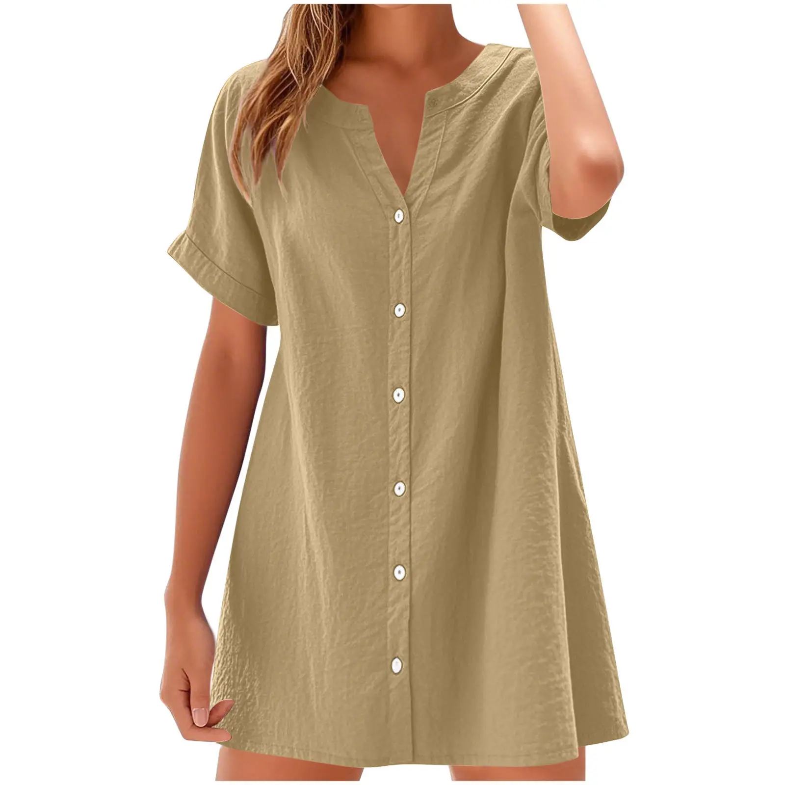 Women Cotton Linen V Neck Button Dress Blue - Image 5