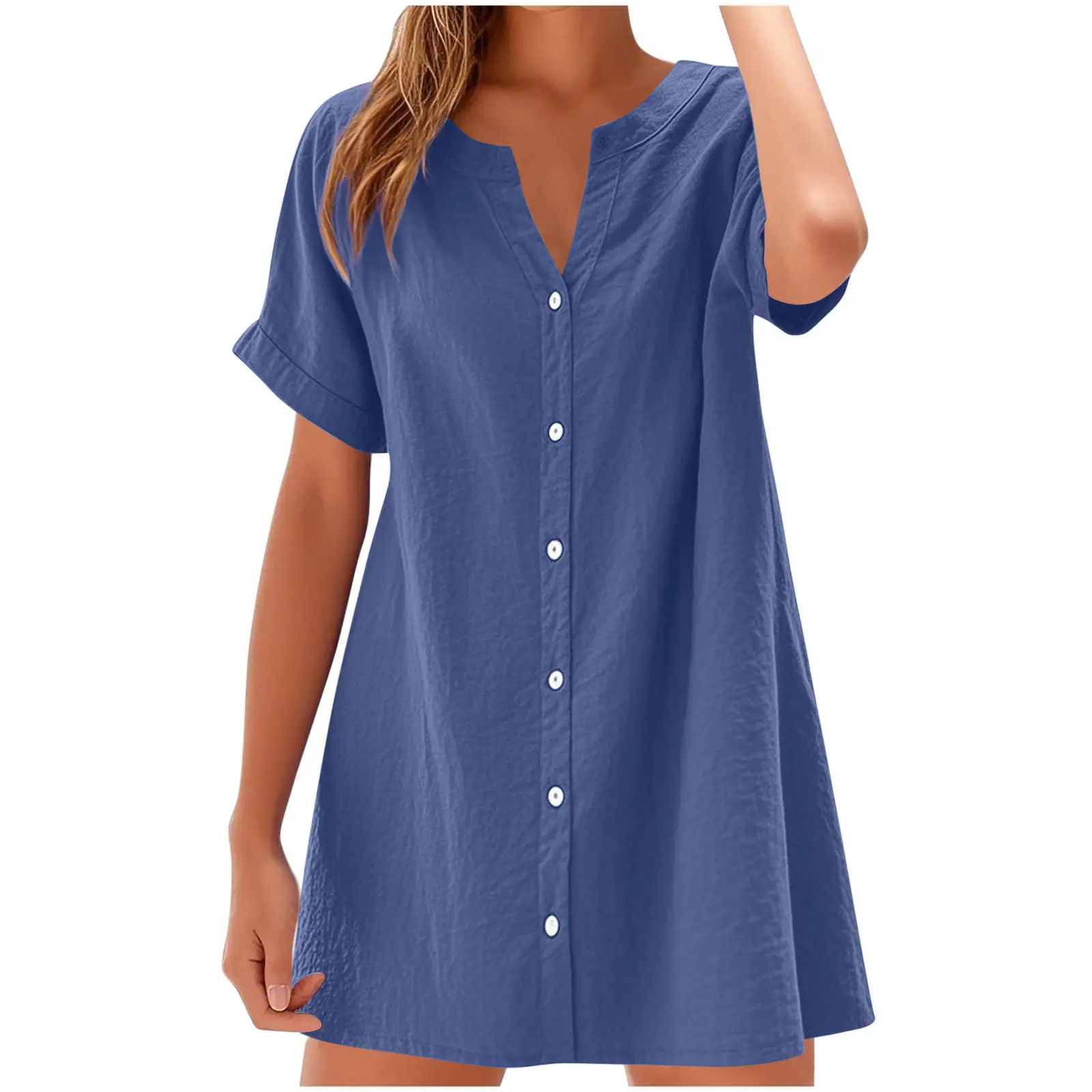 Women Cotton Linen V Neck Button Dress Blue - Image 6