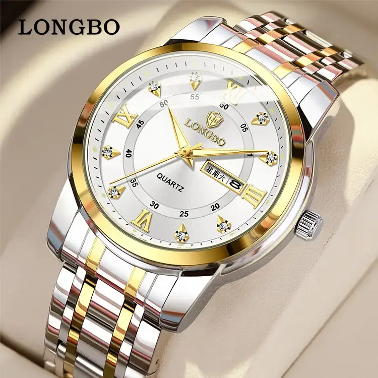 Longbo Quartz Men's Stainless Steel Watch with Double Calendar & Diamond Buckle - Image 10