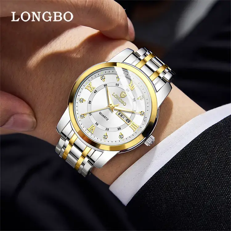 Longbo Quartz Men's Stainless Steel Watch with Double Calendar & Diamond Buckle - Image 11