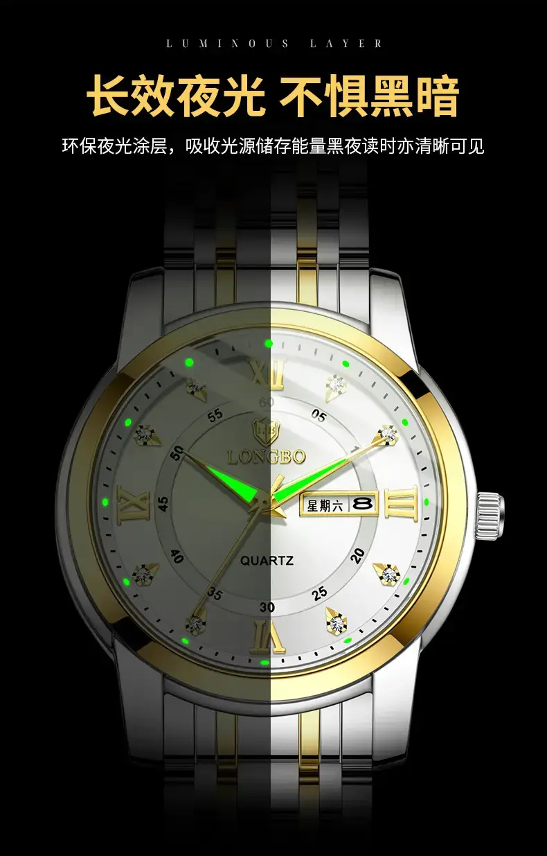 Longbo Quartz Men's Stainless Steel Watch with Double Calendar & Diamond Buckle — feature 11