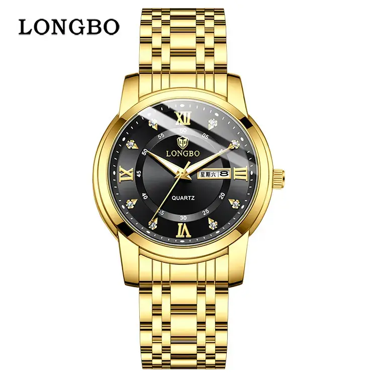 Longbo Quartz Men's Stainless Steel Watch with Double Calendar & Diamond Buckle - Image 2