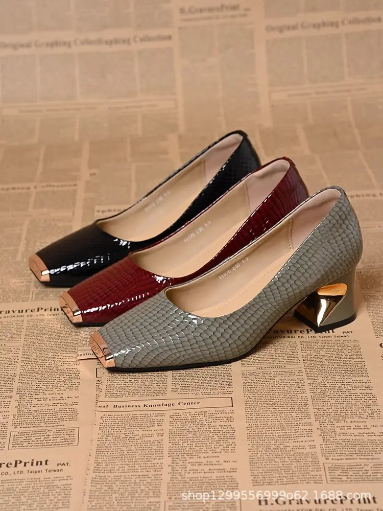 Snake Pattern Metal Iron Toe Shallow Mouth Flats for Women Spring & Fall French Style Thick Heel Versatile Comfortable Medium Heel Small Leather Shoes — feature 1