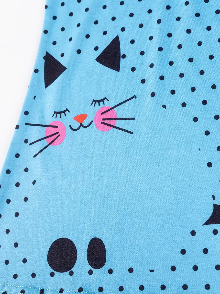 Cute Cat Print Girls Summer Dress Blue Peasant Skirt - Image 4