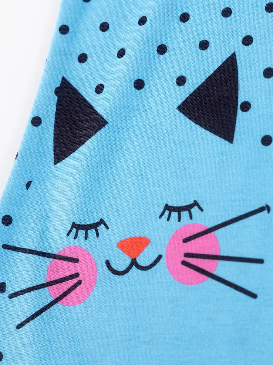 Cute Cat Print Girls Summer Dress Blue Peasant Skirt - Image 5
