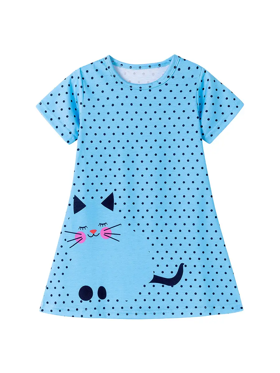 Cute Cat Print Girls Summer Dress Blue Peasant Skirt - Image 6