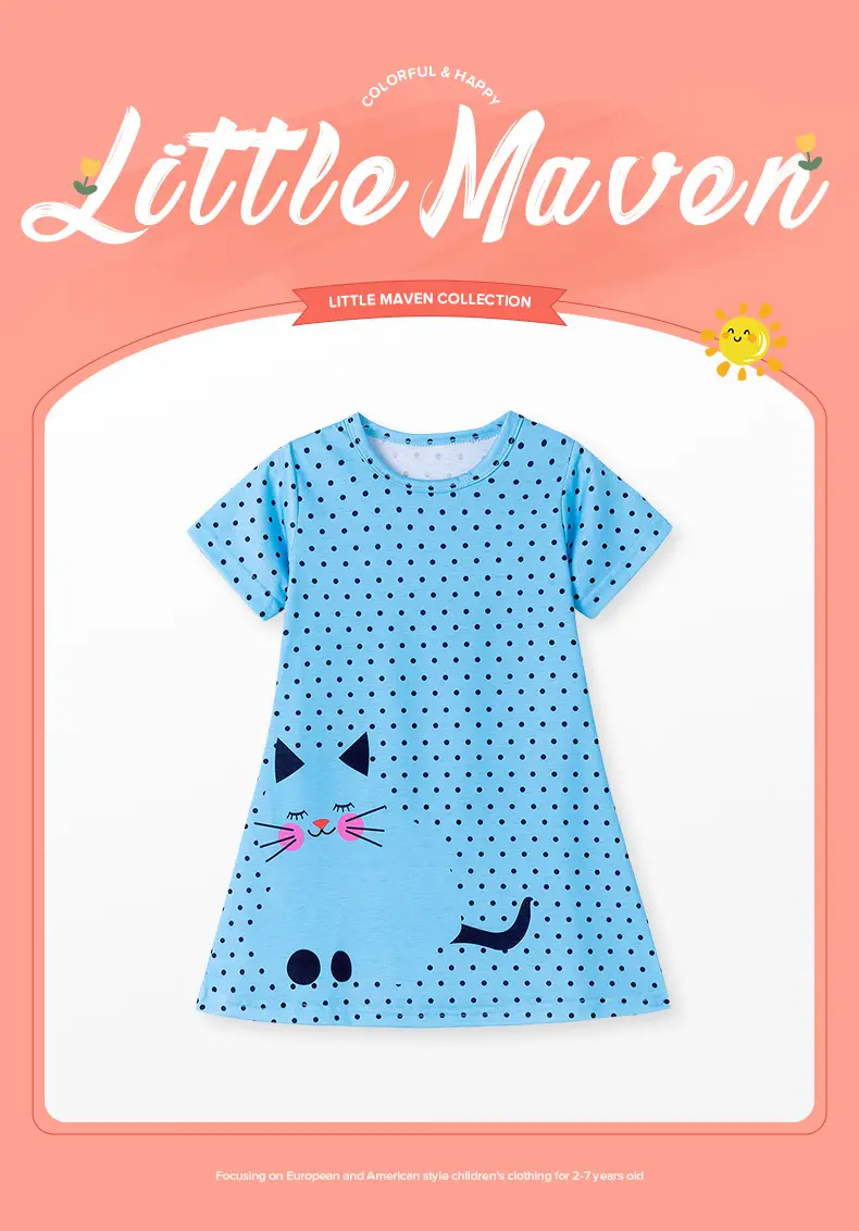 Cute Cat Print Girls Summer Dress Blue Peasant Skirt — feature 2