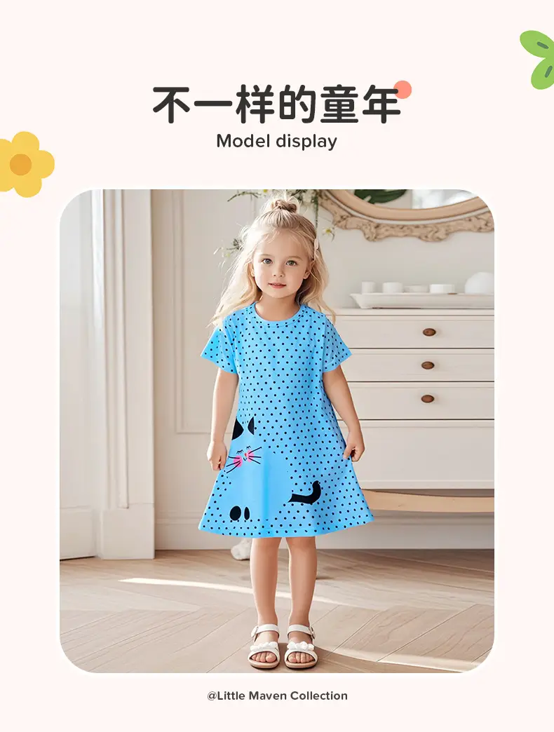 Cute Cat Print Girls Summer Dress Blue Peasant Skirt — feature 5