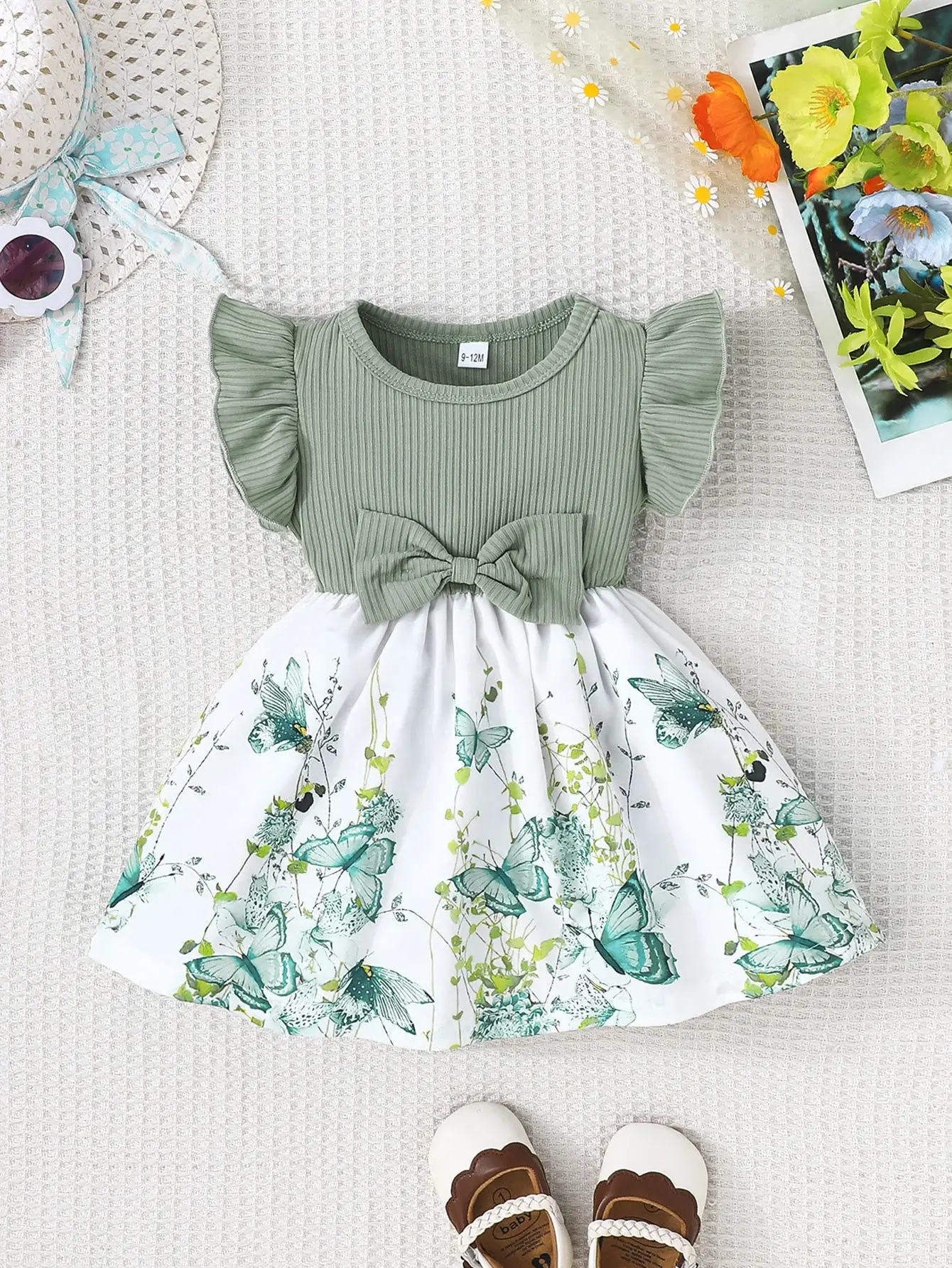 Green Bow Butterfly Print Baby Dress for Girls — feature 13