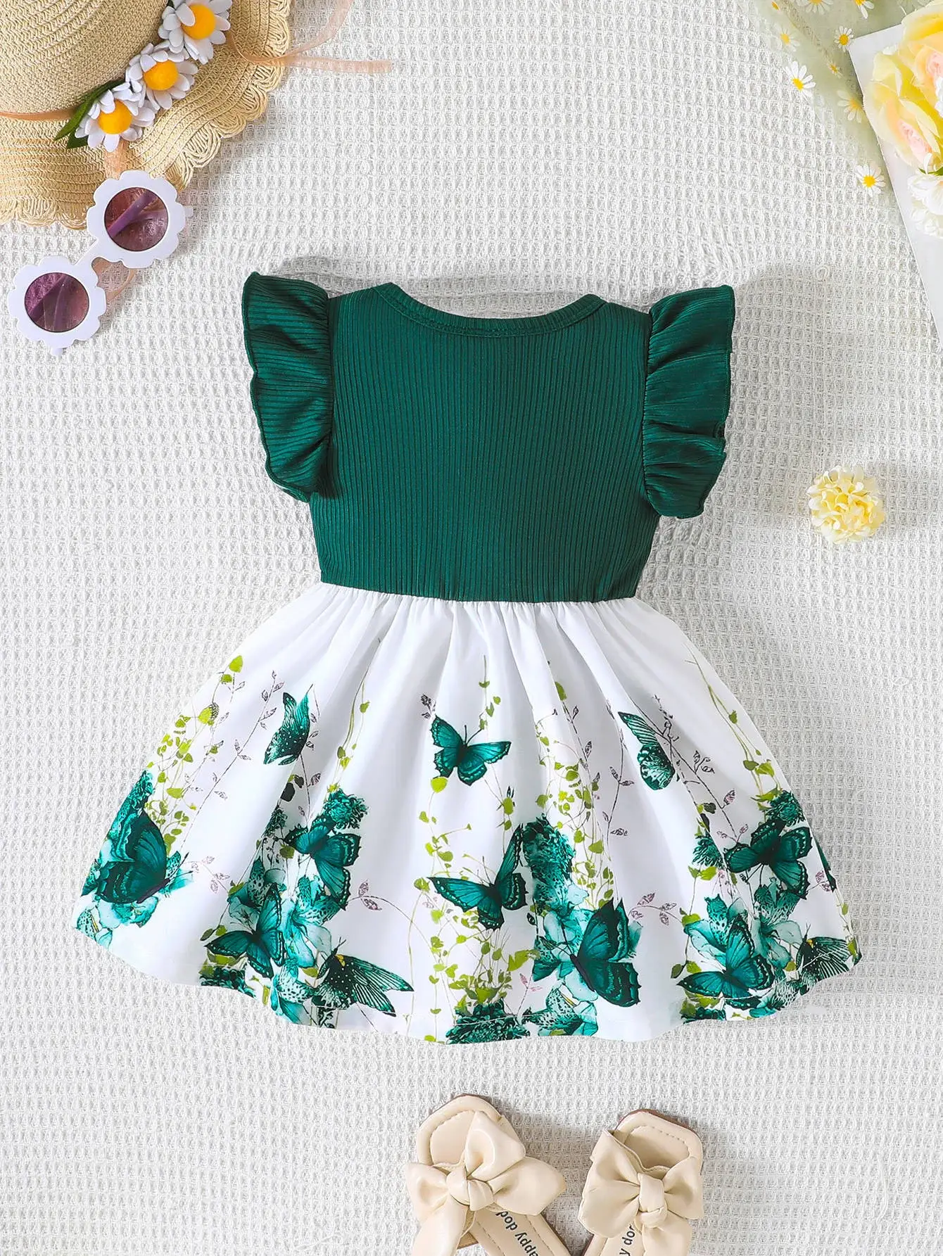 Green Bow Butterfly Print Baby Dress for Girls — feature 32