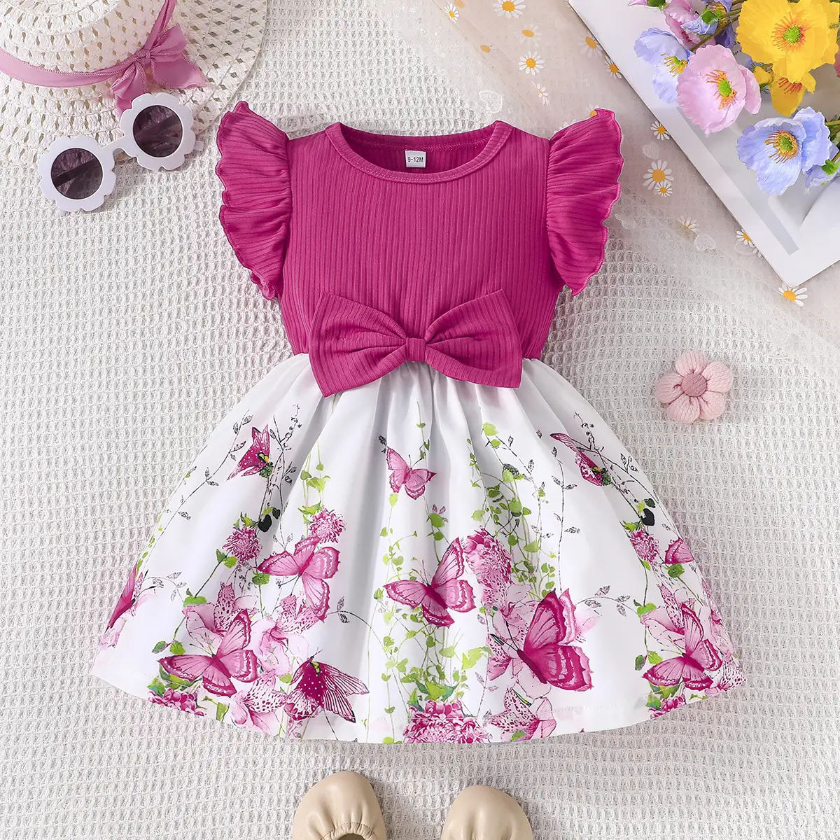 Green Bow Butterfly Print Baby Dress for Girls - Image 3