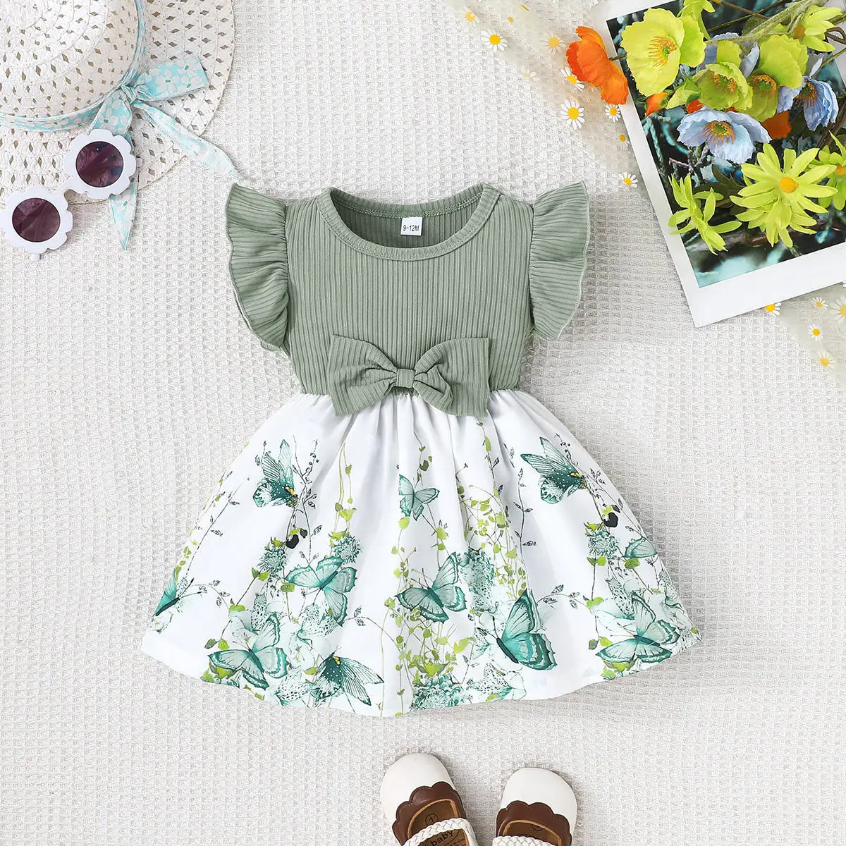 Green Bow Butterfly Print Baby Dress for Girls - Image 5