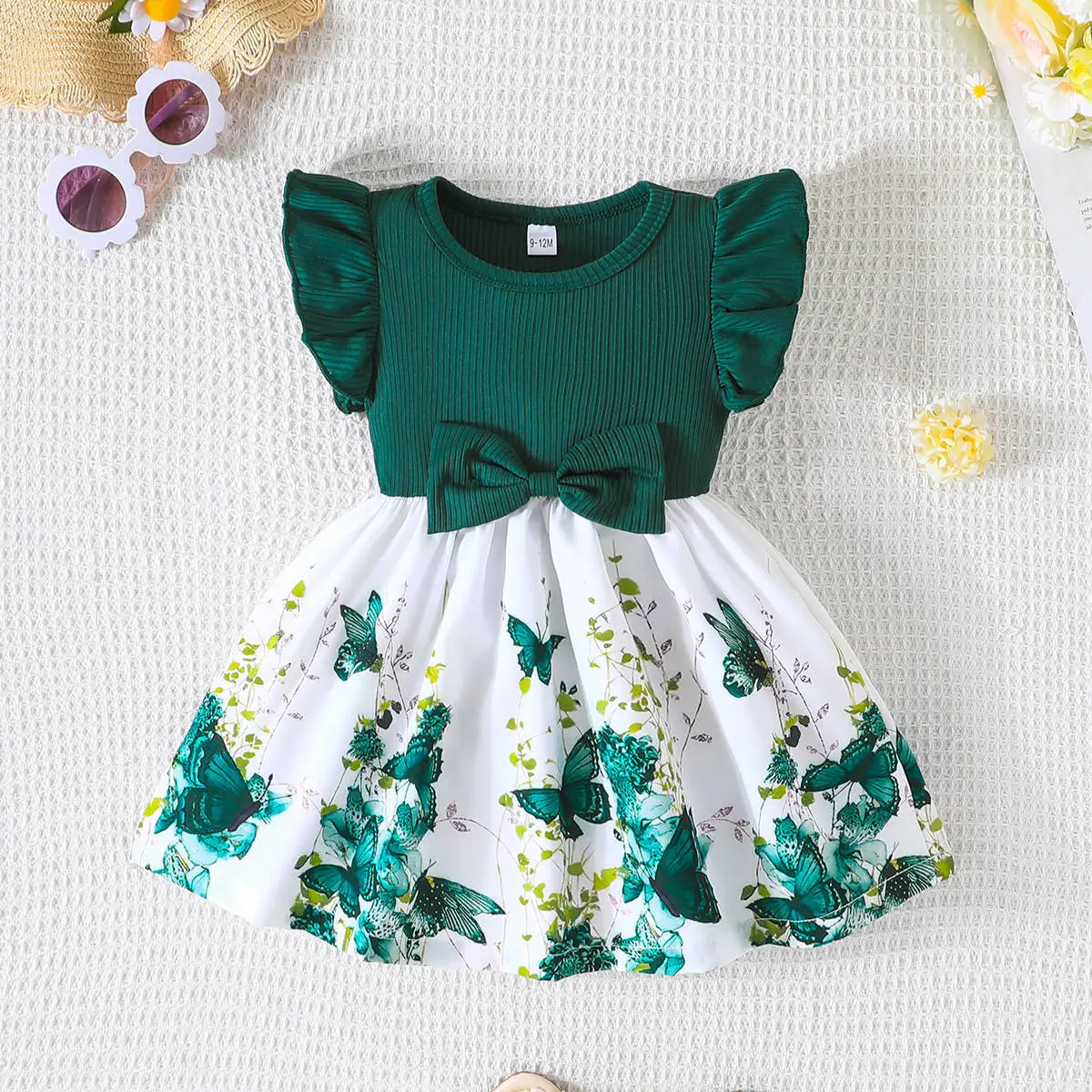 Green Bow Butterfly Print Baby Dress for Girls - Image 6