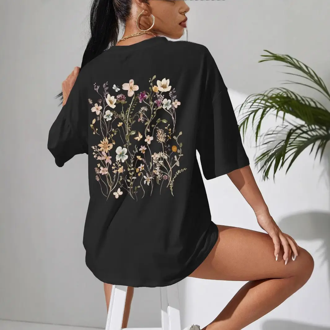Women Cotton Floral Print T-Shirt Grey Short Sleeve - Image 10