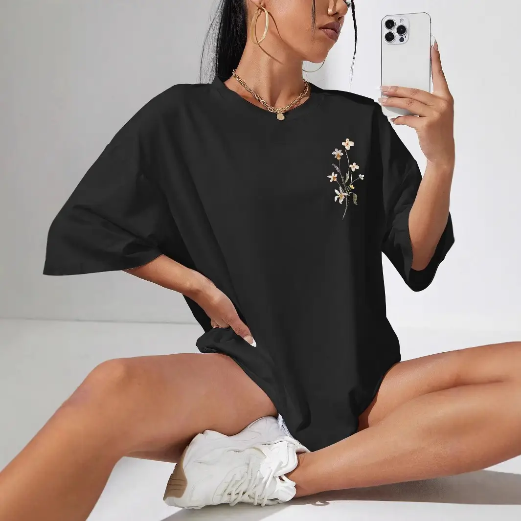 Women Cotton Floral Print T-Shirt Grey Short Sleeve - Image 11