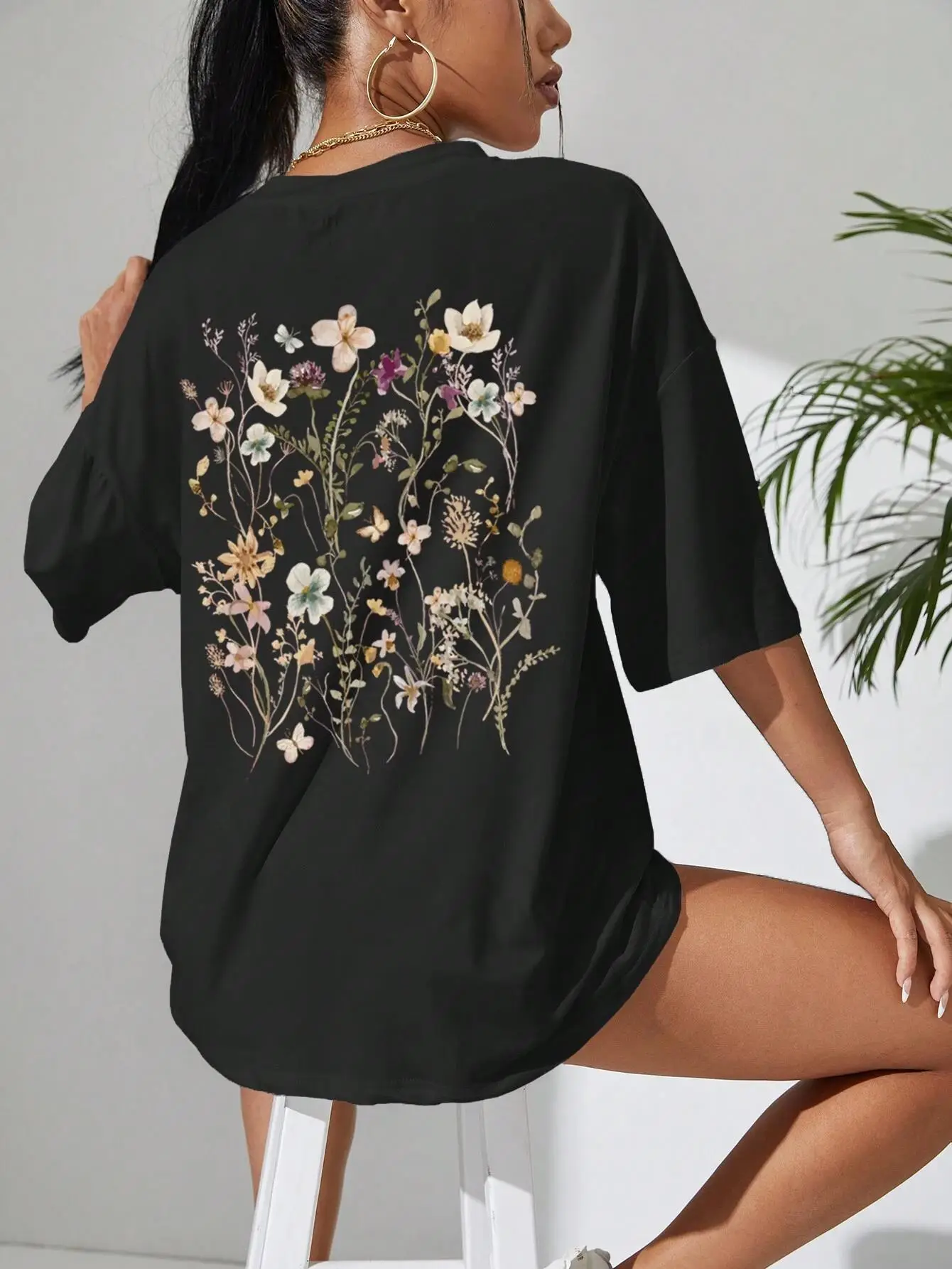 Women Cotton Floral Print T-Shirt Grey Short Sleeve - Image 2