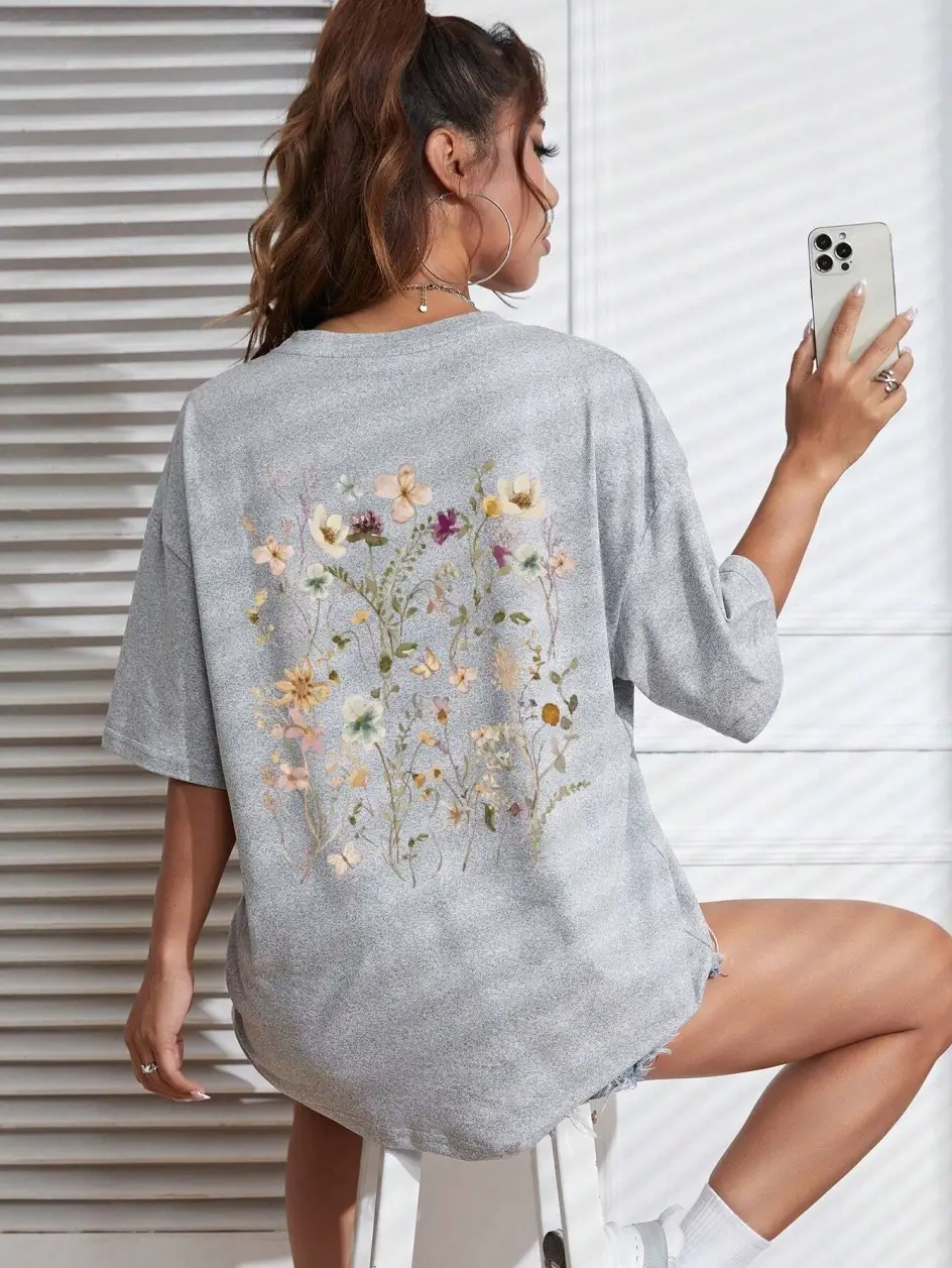 Women Cotton Floral Print T-Shirt Grey Short Sleeve - Image 3