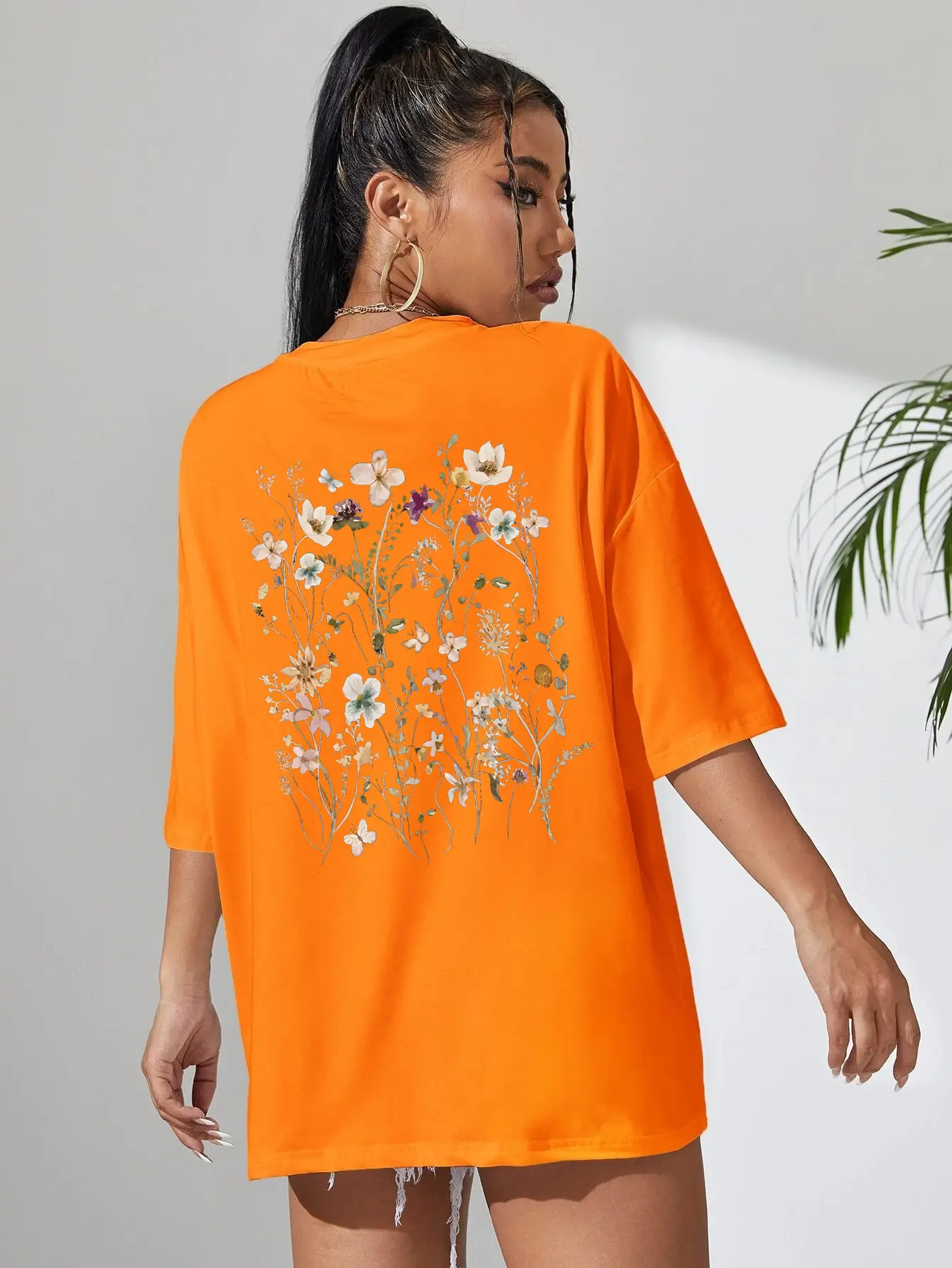 Women Cotton Floral Print T-Shirt Grey Short Sleeve - Image 4