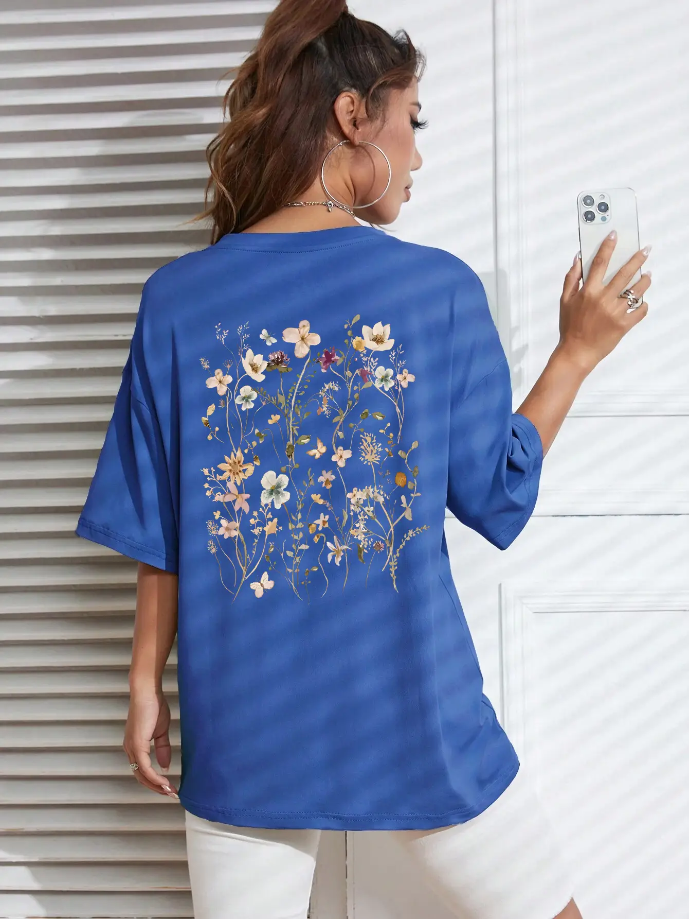 Women Cotton Floral Print T-Shirt Grey Short Sleeve - Image 5