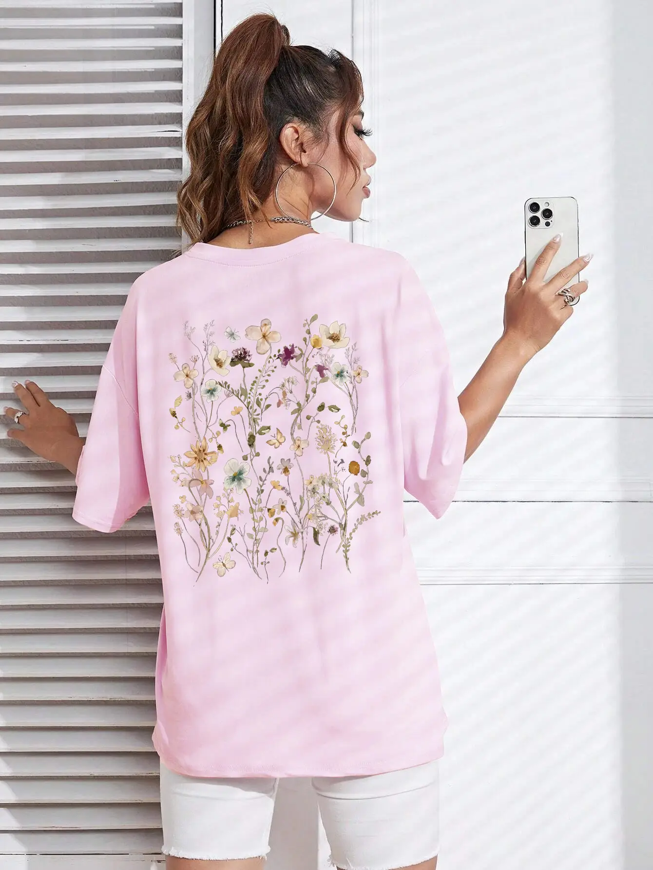 Women Cotton Floral Print T-Shirt Grey Short Sleeve - Image 6
