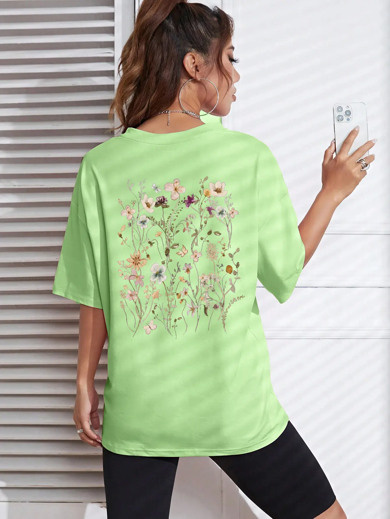 Women Cotton Floral Print T-Shirt Grey Short Sleeve - Image 7