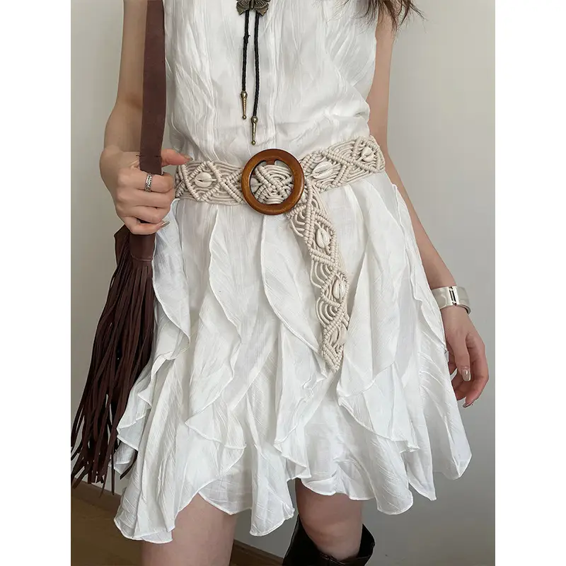 White Woven Belt with Flower Beaded Design for Women - Image 9
