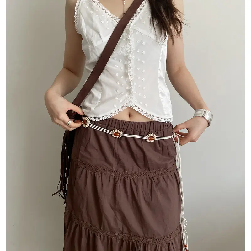 White Woven Belt with Flower Beaded Design for Women - Image 7
