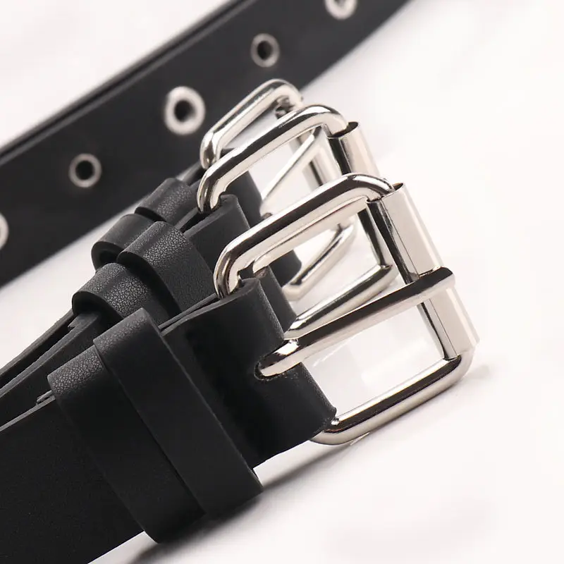 Women's Black Leather Belt with Silver Buckle - Image 5