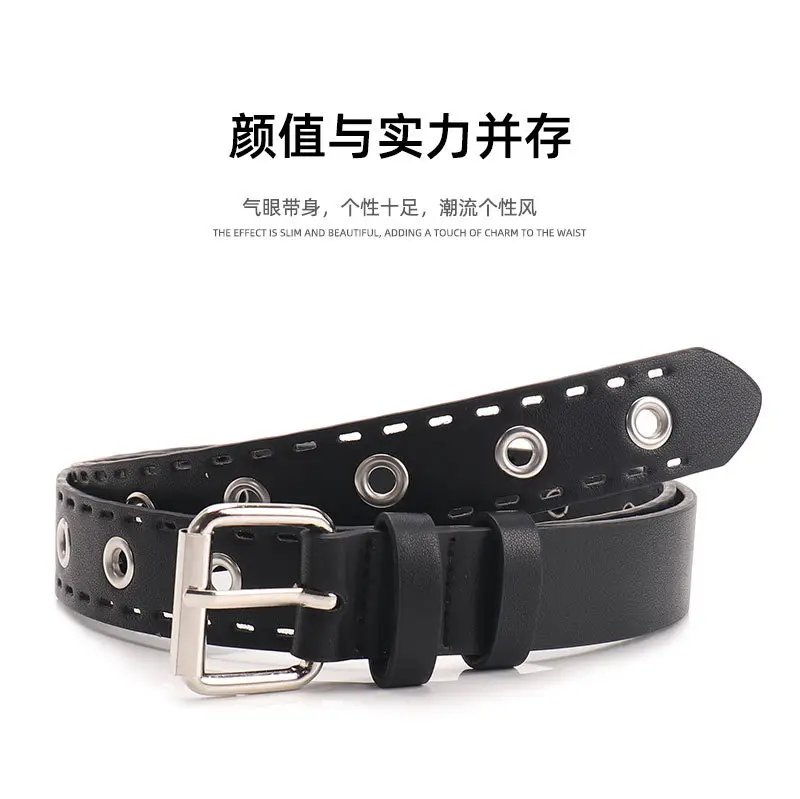 Women's Black Leather Belt with Silver Buckle — feature 17