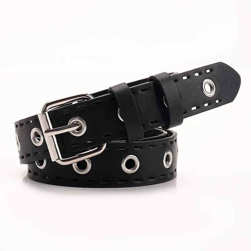 Women's Black Leather Belt with Silver Buckle - Image 3