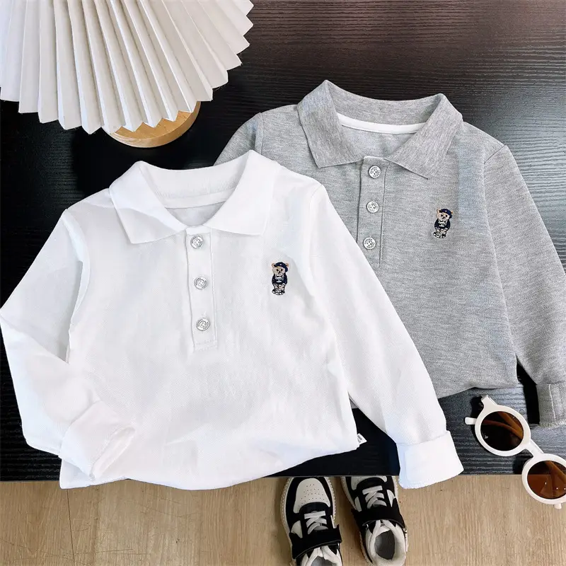 Children's White Polo Shirt with Embroidery Bottom 2025 Spring Autumn - Image 6