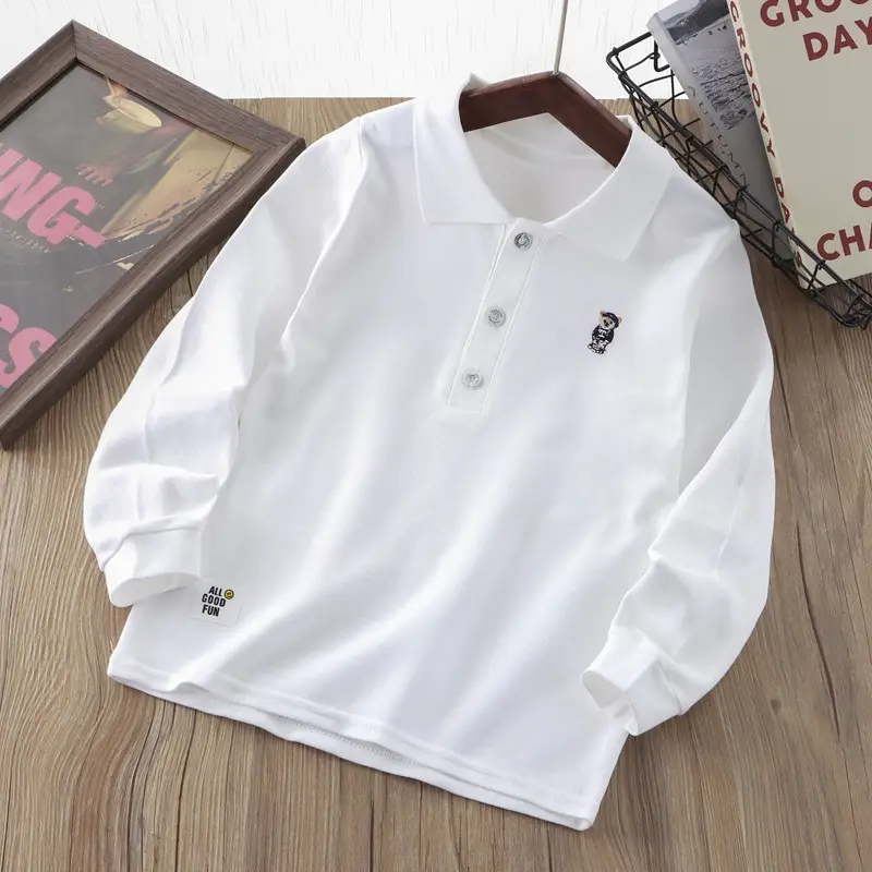 Children's White Polo Shirt with Embroidery Bottom 2025 Spring Autumn - Image 3