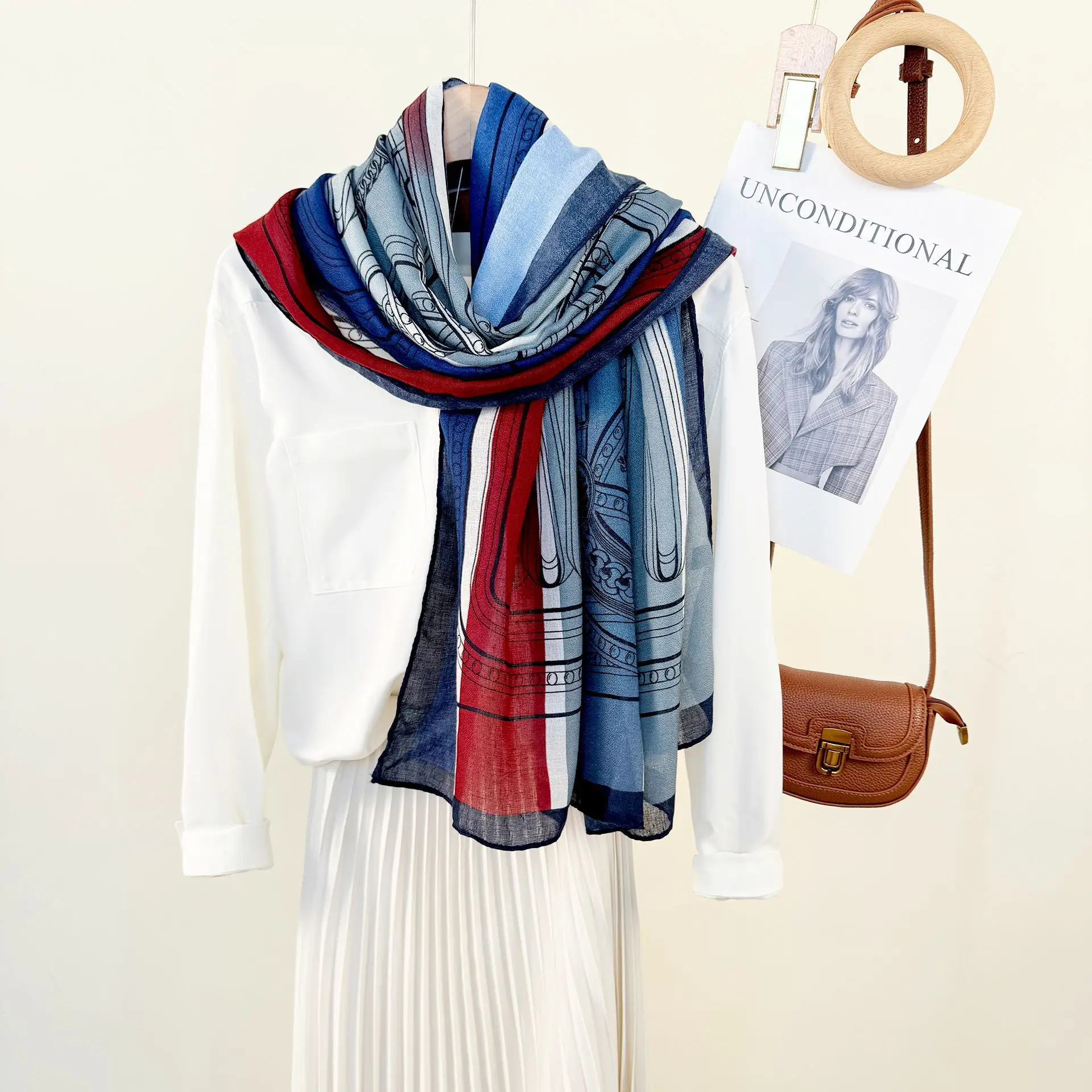 European Printed Long Scarf for Women White Black Grey - Image 7