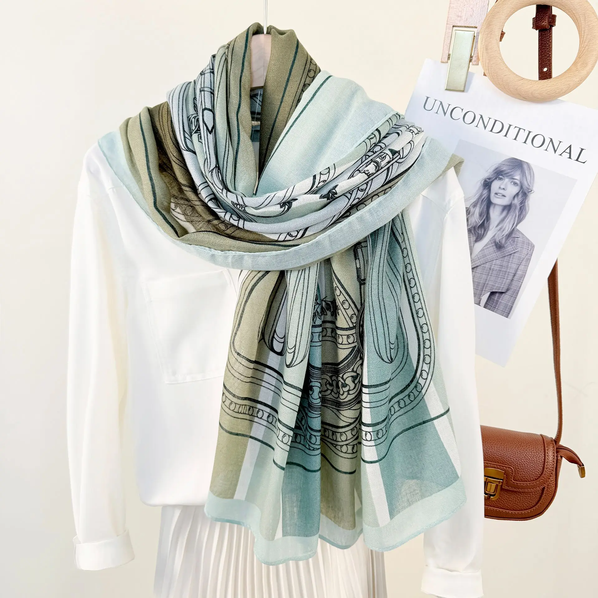 European Printed Long Scarf for Women White Black Grey - Image 8