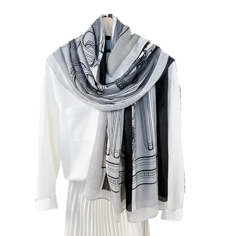 European Printed Long Scarf for Women White Black Grey - Image 9