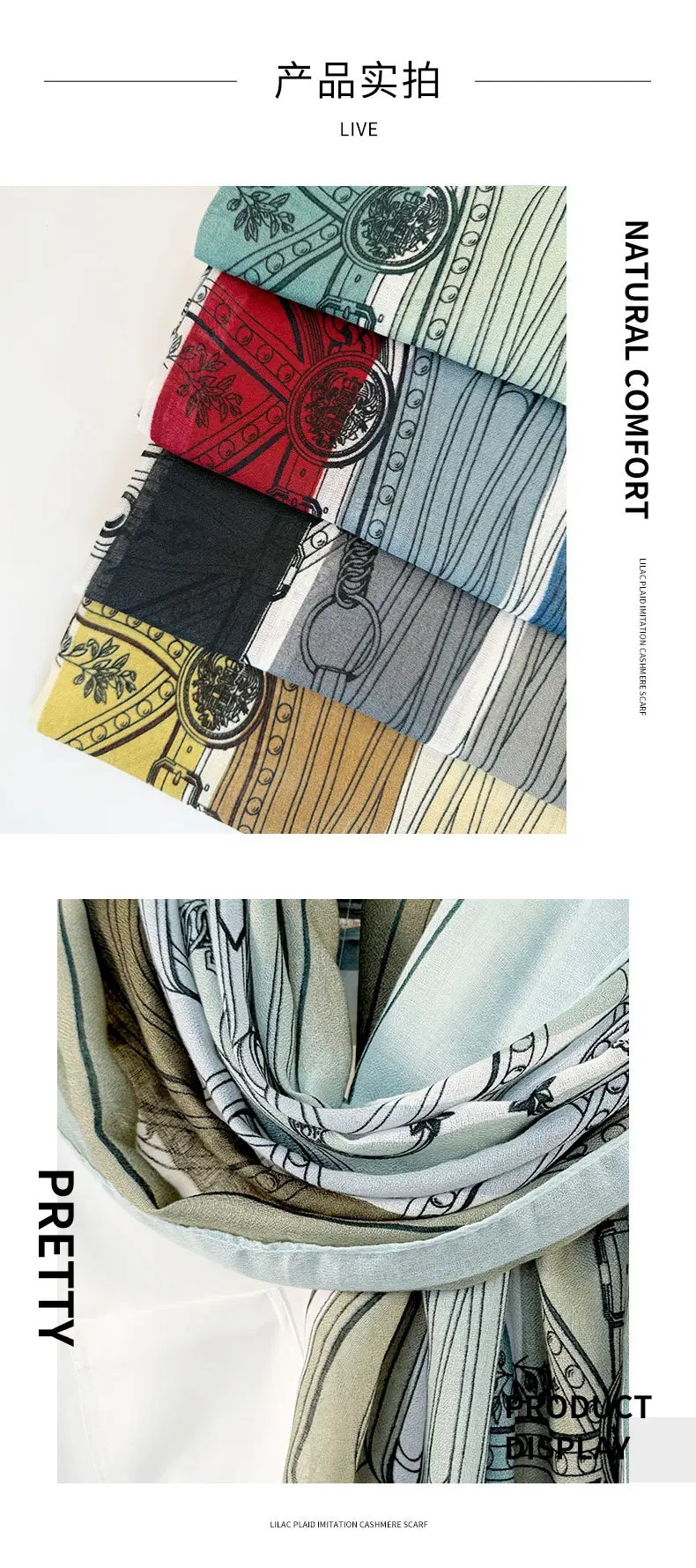 European Printed Long Scarf for Women White Black Grey — feature 10