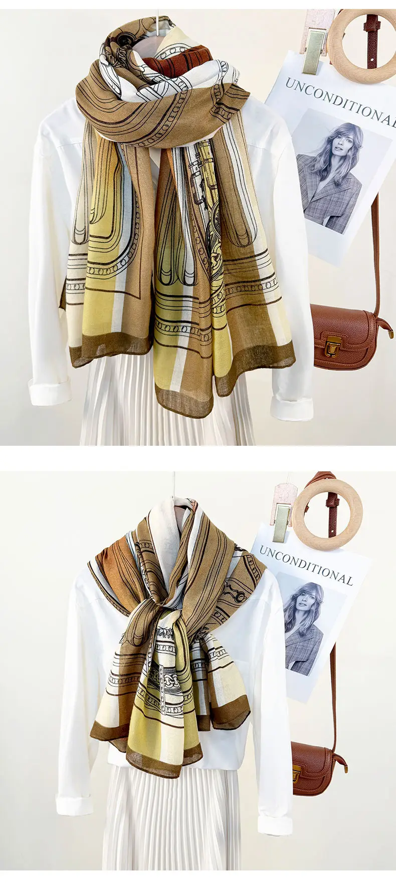 European Printed Long Scarf for Women White Black Grey — feature 12
