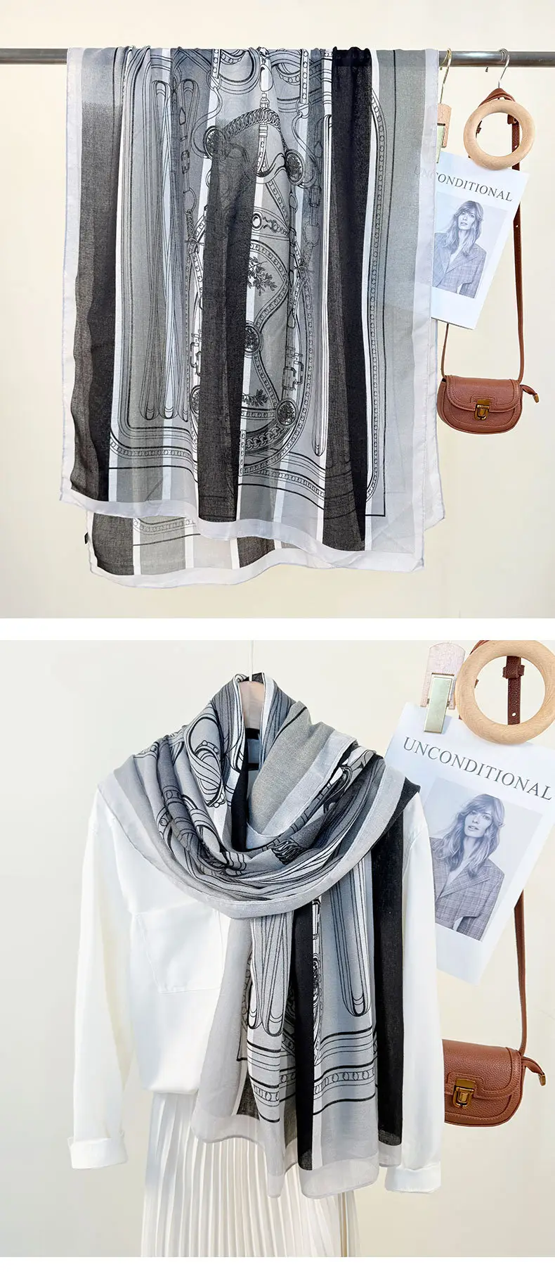 European Printed Long Scarf for Women White Black Grey — feature 13