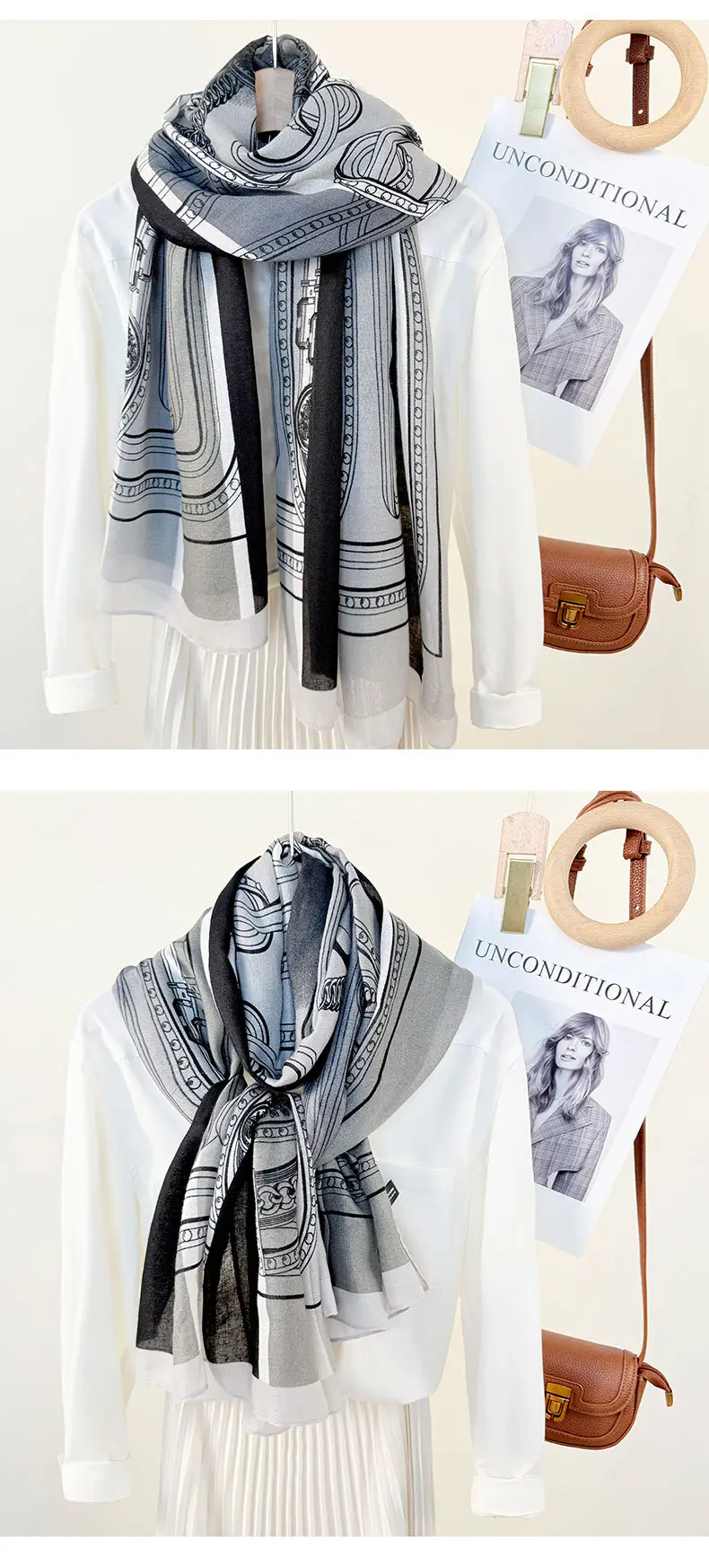European Printed Long Scarf for Women White Black Grey — feature 14