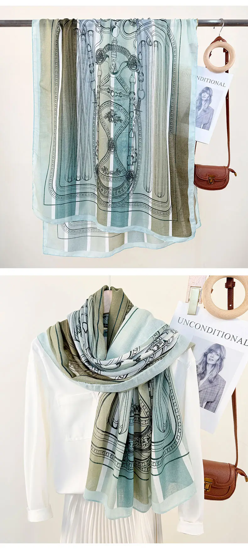 European Printed Long Scarf for Women White Black Grey — feature 15