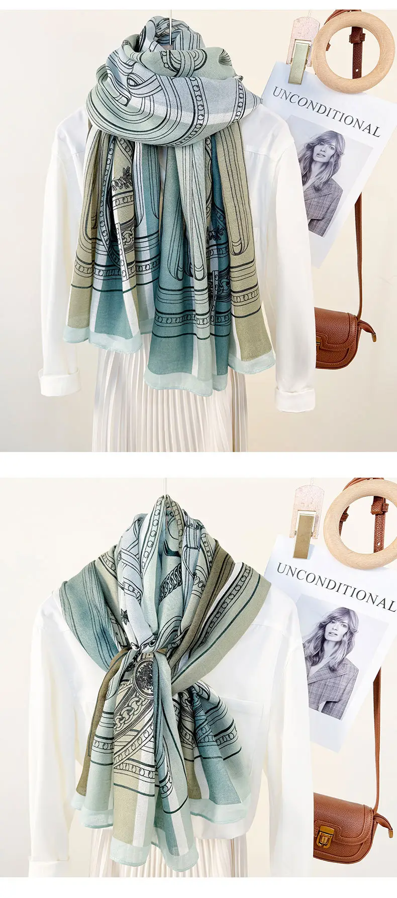 European Printed Long Scarf for Women White Black Grey — feature 16