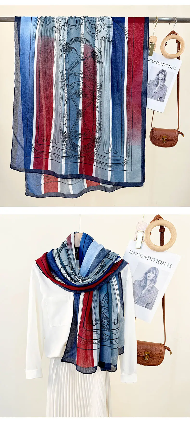 European Printed Long Scarf for Women White Black Grey — feature 17