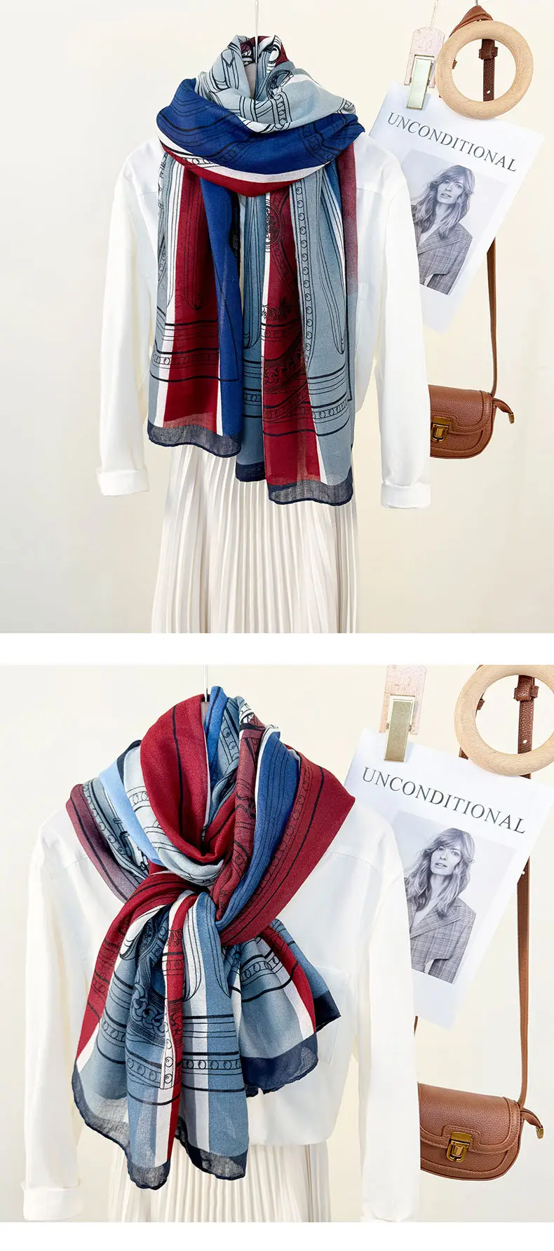 European Printed Long Scarf for Women White Black Grey — feature 18