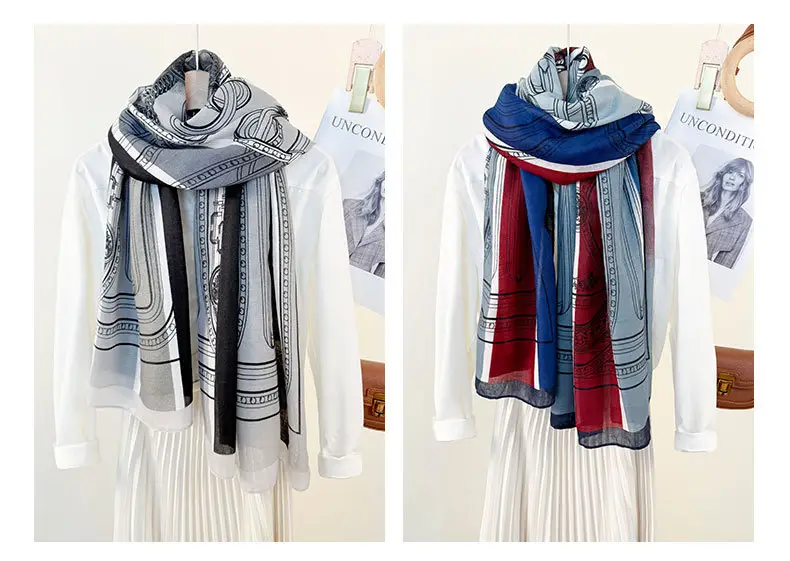 European Printed Long Scarf for Women White Black Grey — feature 8