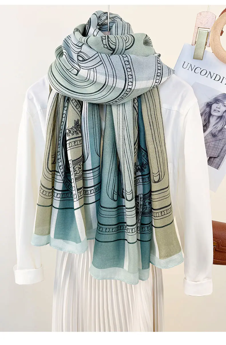 European Printed Long Scarf for Women White Black Grey — feature 9