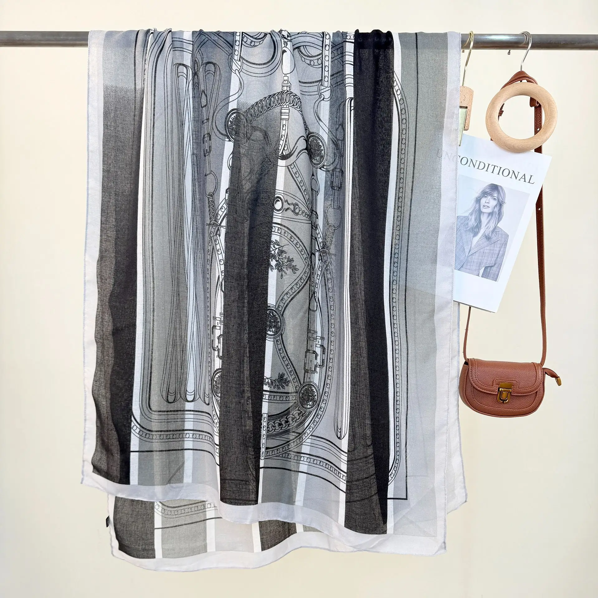 European Printed Long Scarf for Women White Black Grey - Image 2