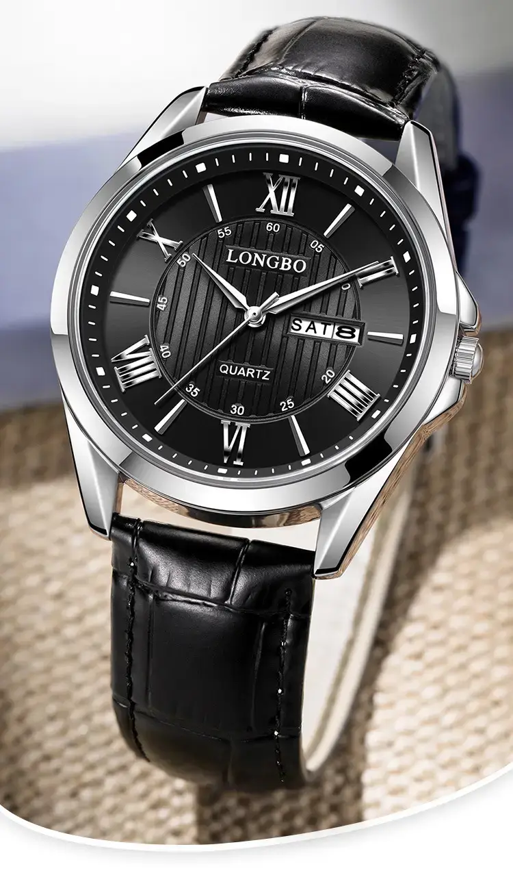 Longbo Men's Black Roman Dial Quartz Wristwatch — feature 1
