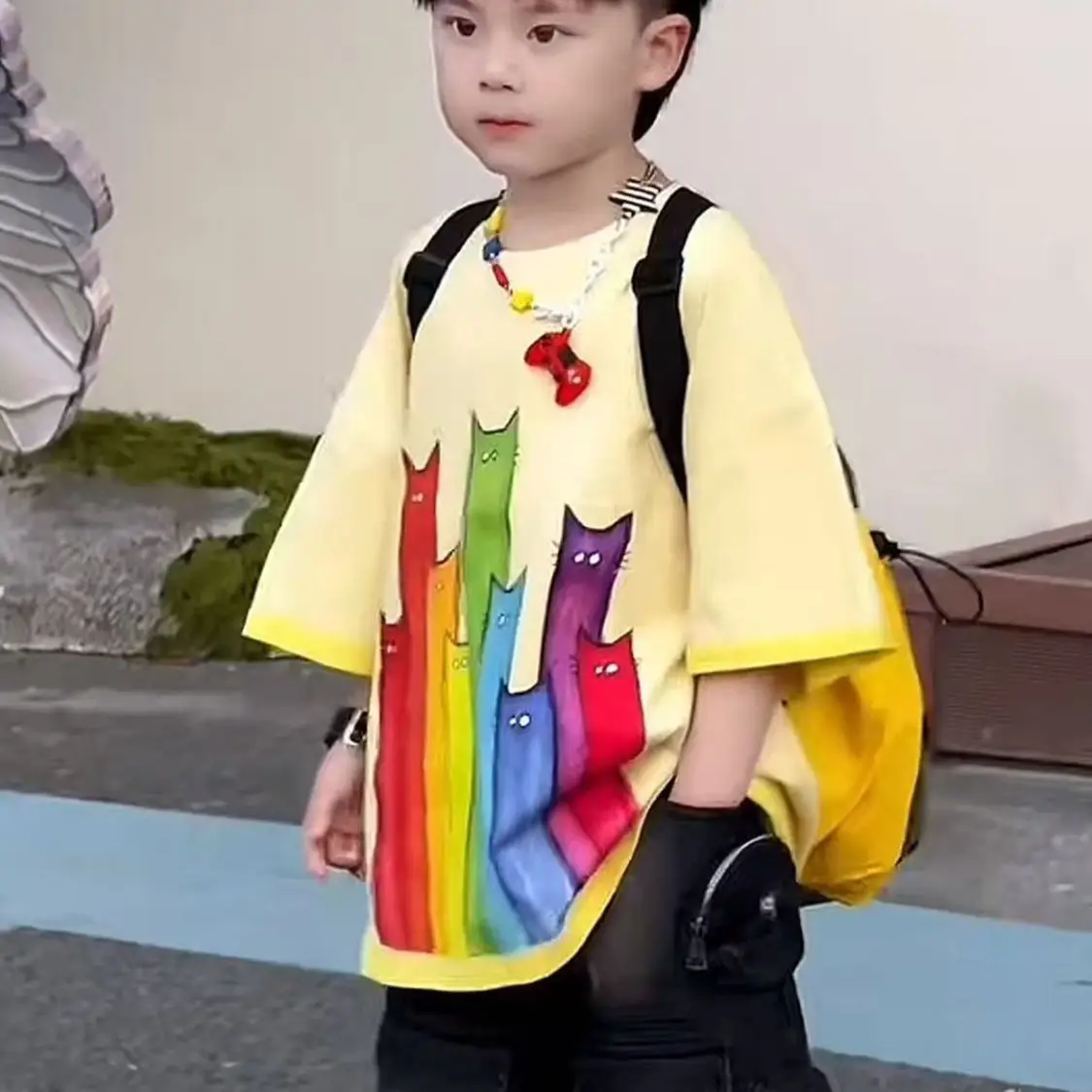 Children's Colorful Cat Print T-Shirt & Denim Pants Set - Image 4